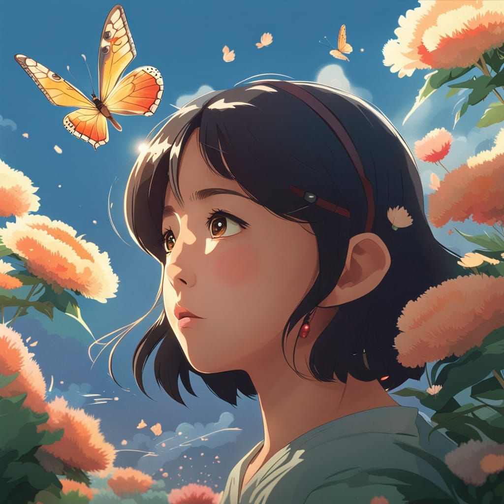 Anime Girl and Butterfly in Ghibli Style