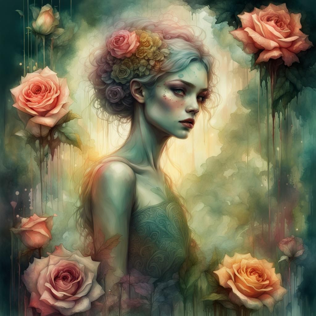 Rose Garden in Art Brut Style, Hyper Detailed Painting