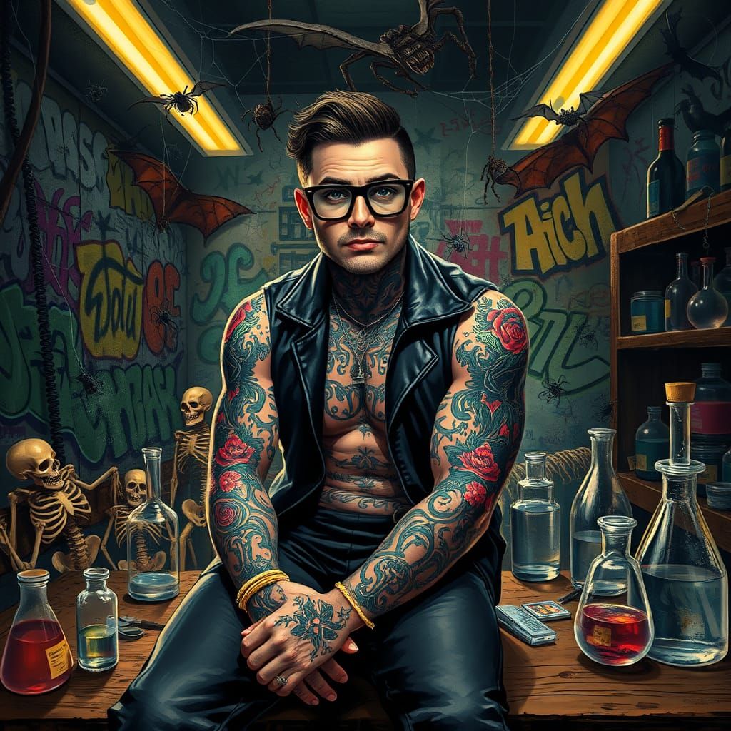 Tattooed Man in Lab: Street Art Surrealism