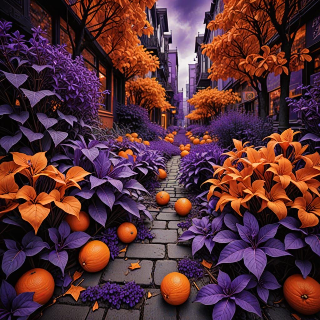 Hyperrealistic Cityscape in Vibrant Purple and Orange Tones