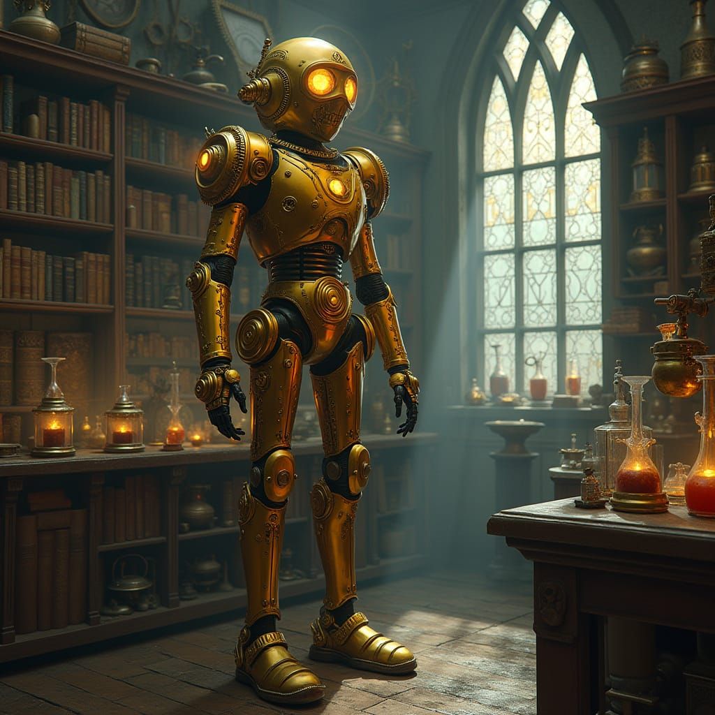 Steampunk Automaton in Victorian Laboratory, Art Nouveau Sty...