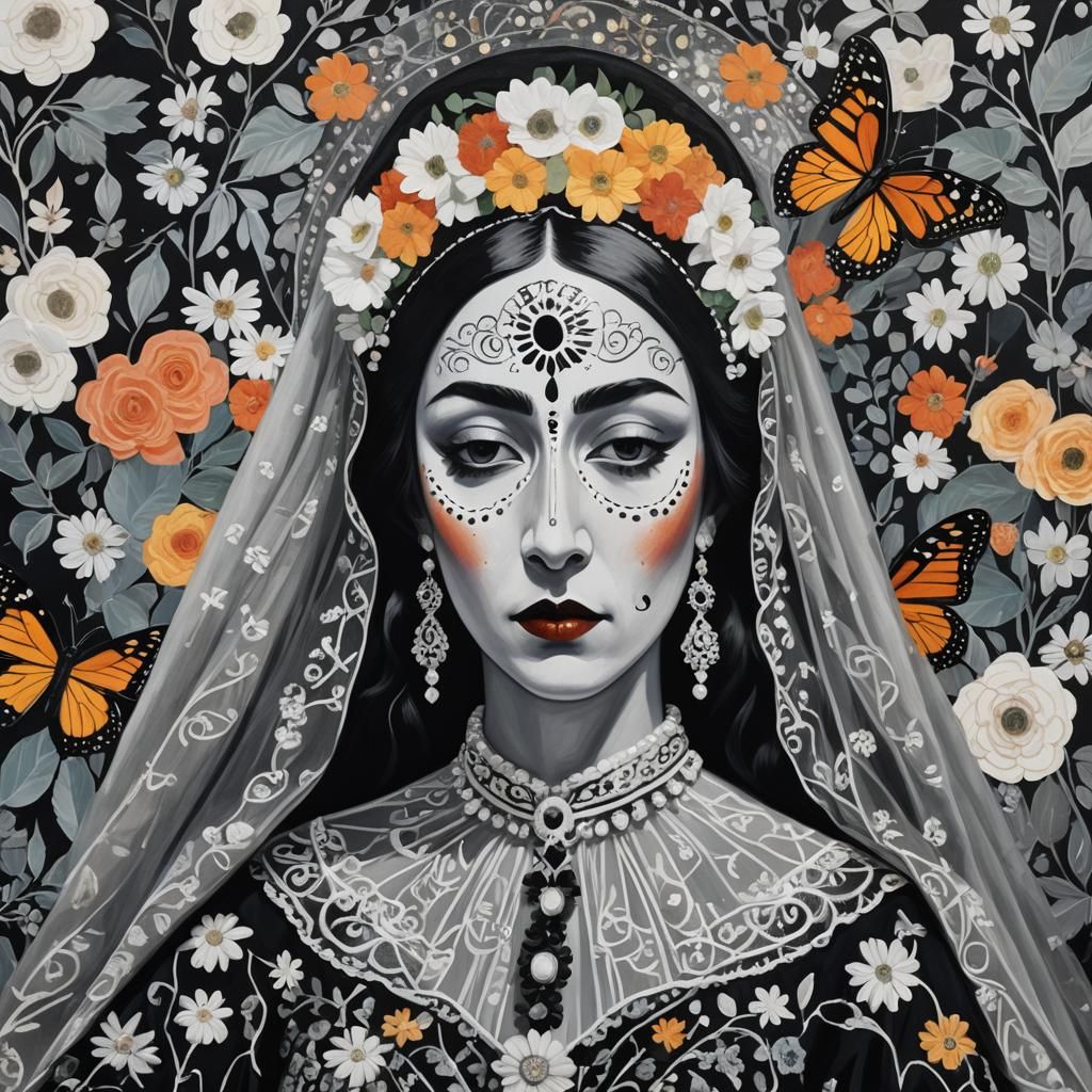 Deathbed Lullabies Hyper realism Santa Muerte Holy Mother Death Angel surrounded by Vibrant musical notes , whimsi...