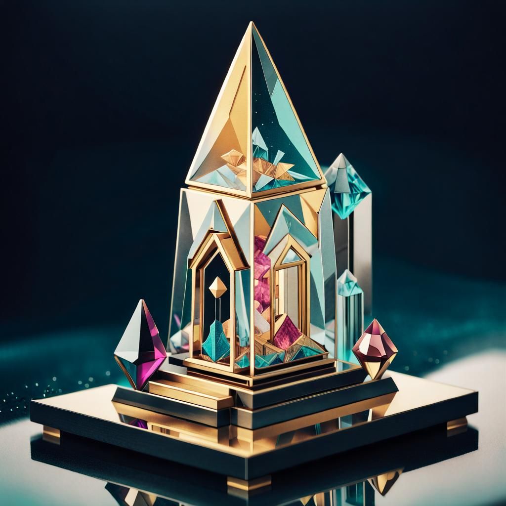 Golden Geometric Dollhouse with 3D Crystals