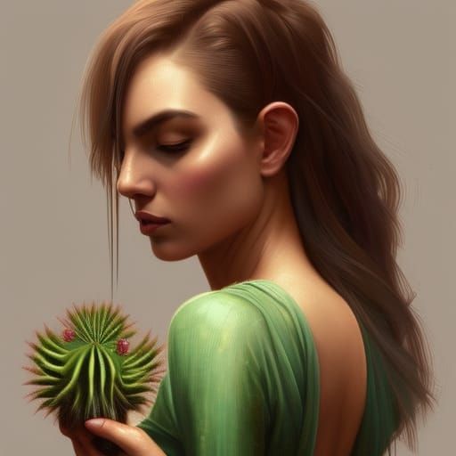 Beautiful Woman Holding Cactus: Hyperdetailed Portrait