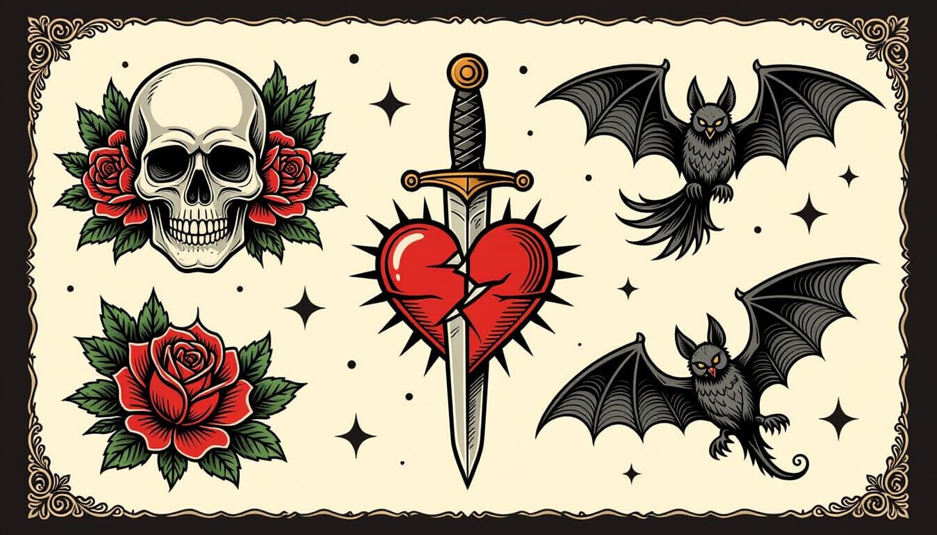 Gothic Horror Flash Tattoo Sheet in Traditional Style