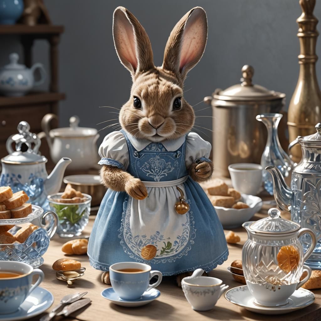 Crystal Rabbit Pours Tea: Surreal Fine Art