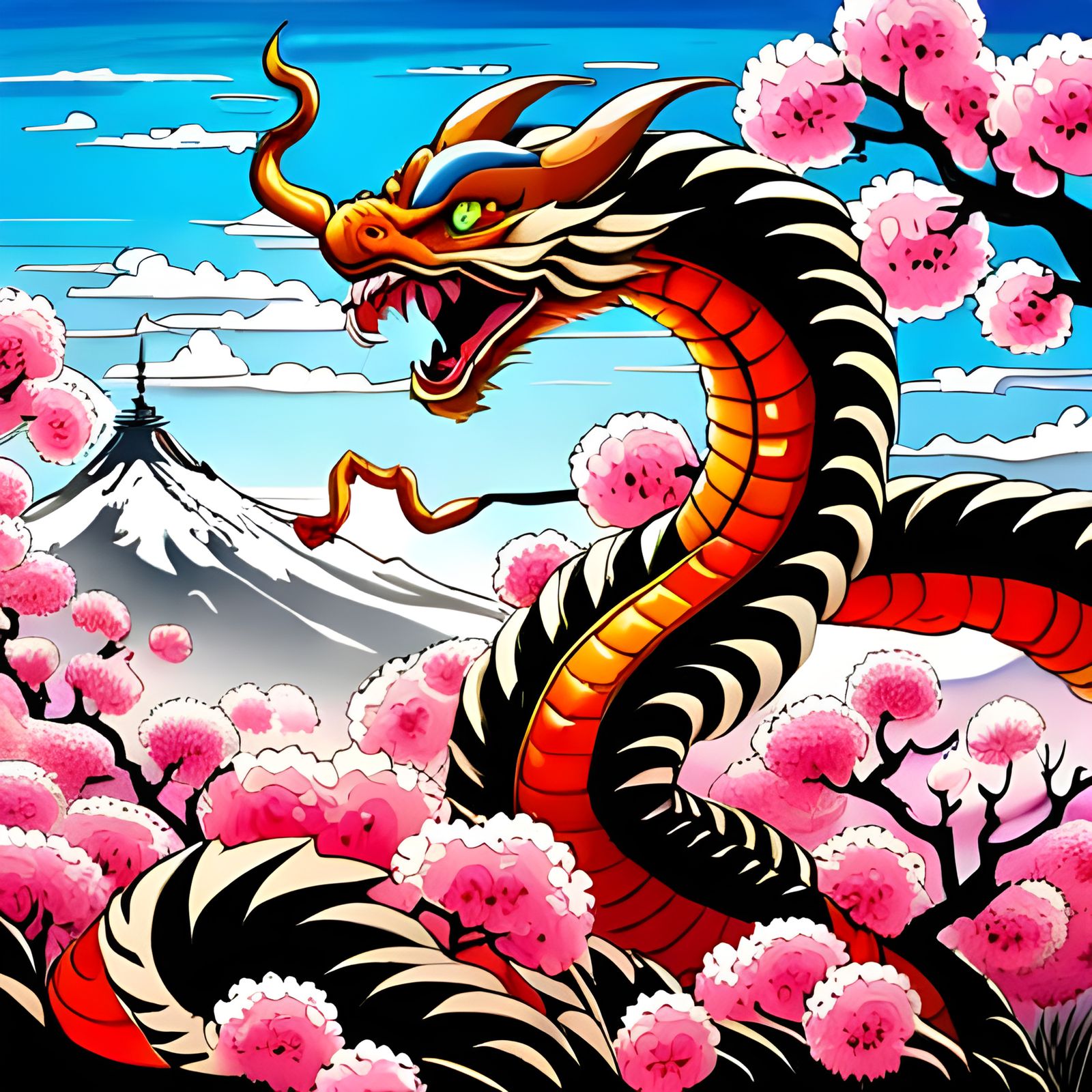 Chinese Dragon Flight Through Cherry Blossoms