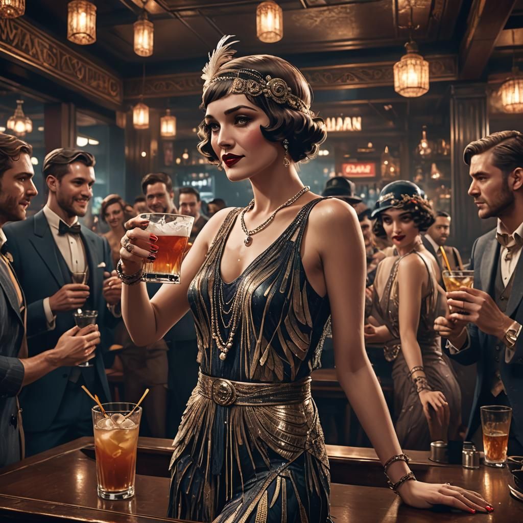 Flapper girl dancing at a bar with a drink in her hand. She ...