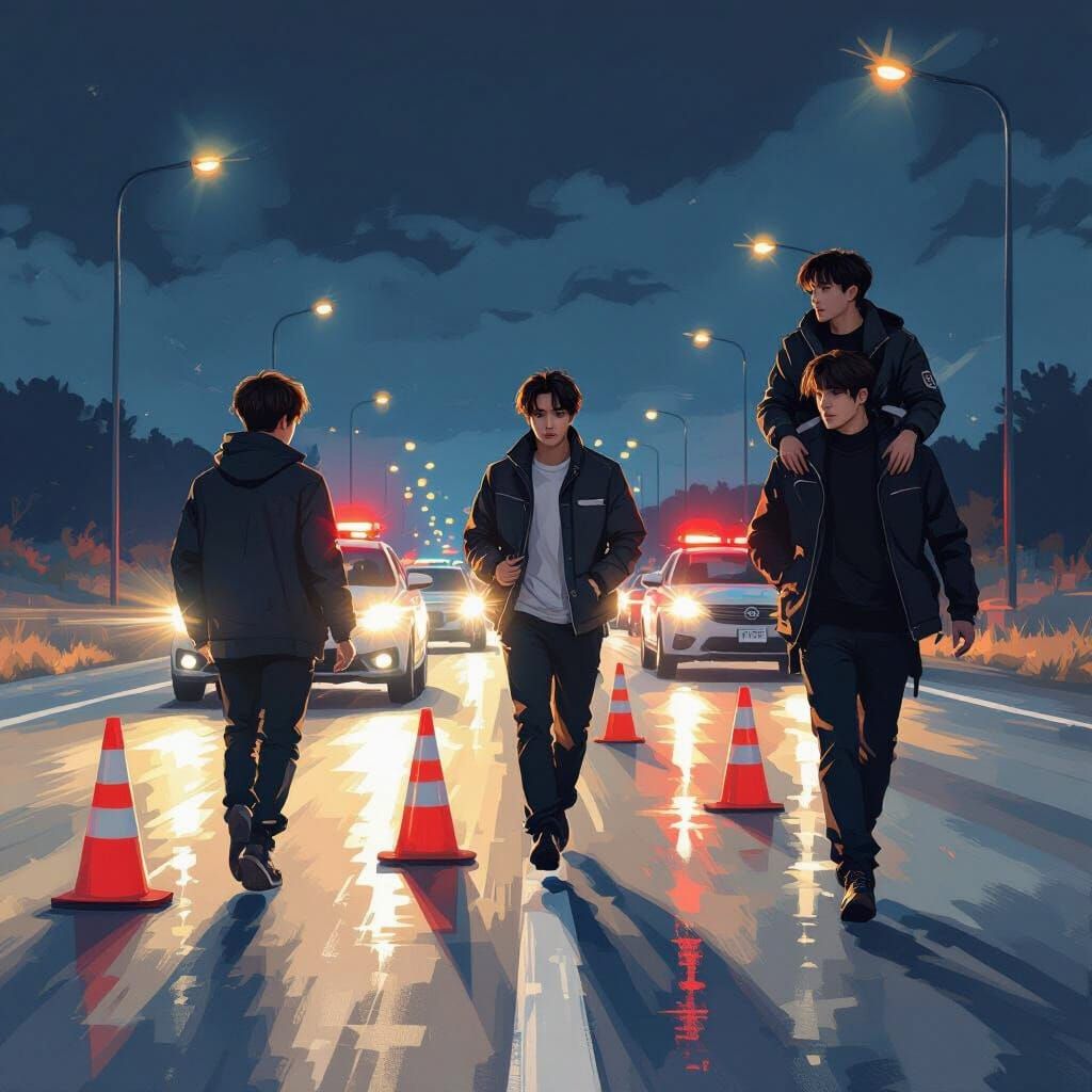 K-Pop Idols on a Road at Night Digital Painting
