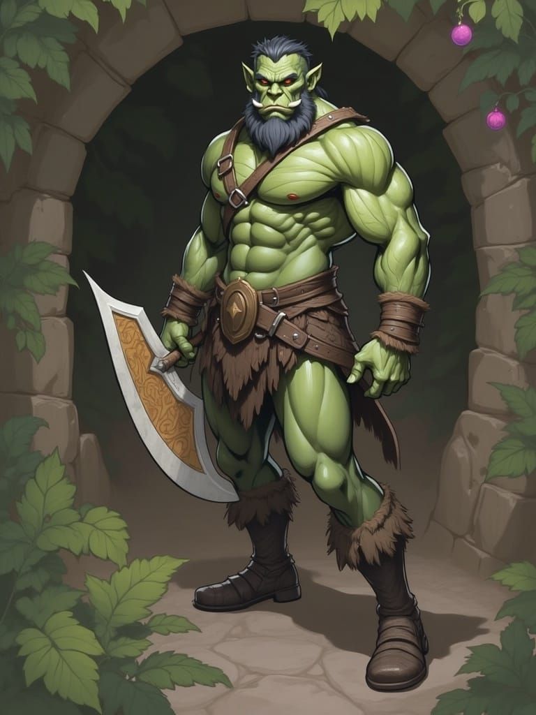 Muscular Orc Barbarian with Bladed Weapon Illustration