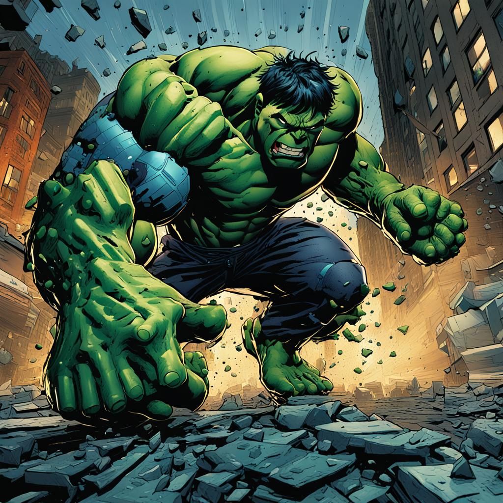 Hulk Smashes Through City Wall: Comic Book Art