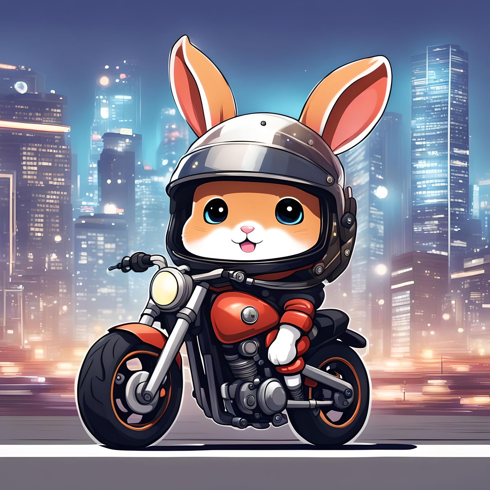 Joyful Chibi Rabbit Rides Motorcycle Through City