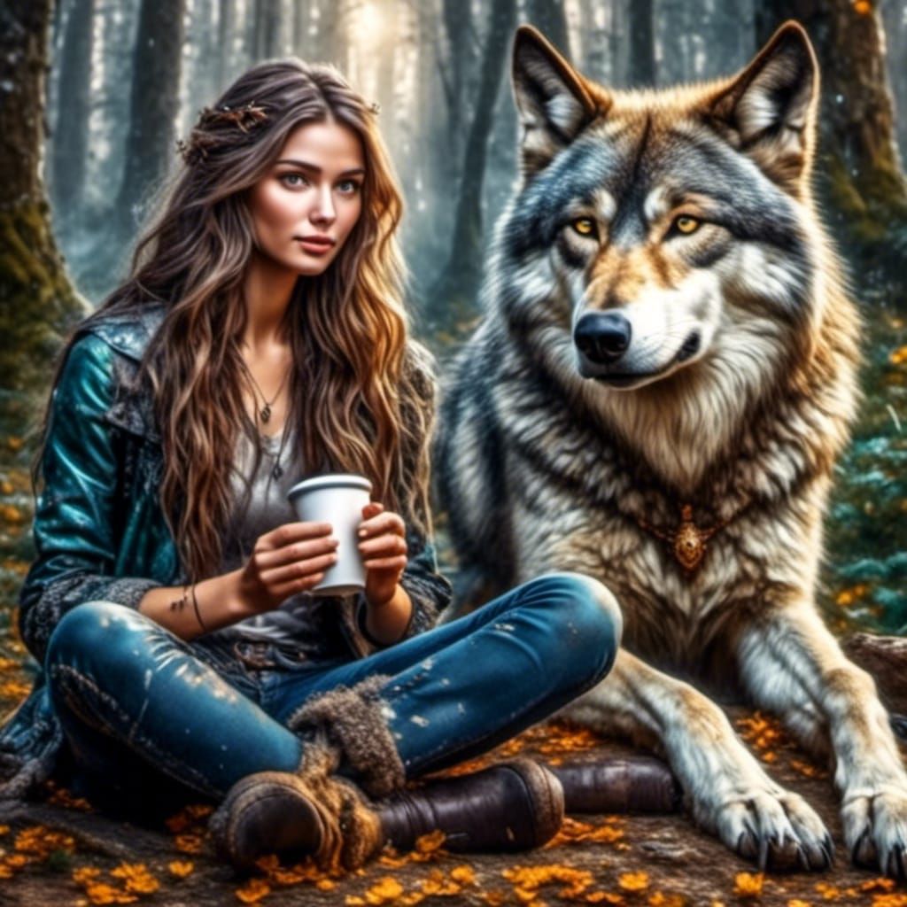 Woman and Wolf Enjoying Coffee: Photorealistic Art