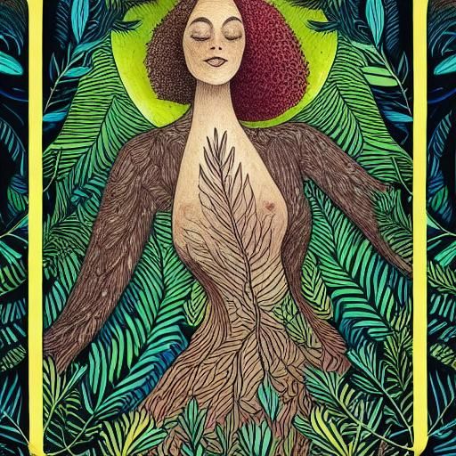 Woman Planting Trees in Warped Perspective, Detailed Illustr...