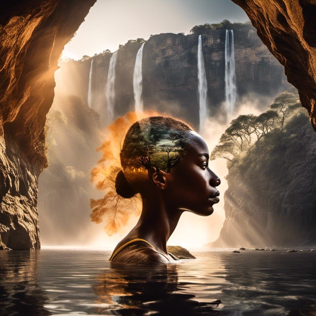 African Woman at Victoria Falls Double Exposure