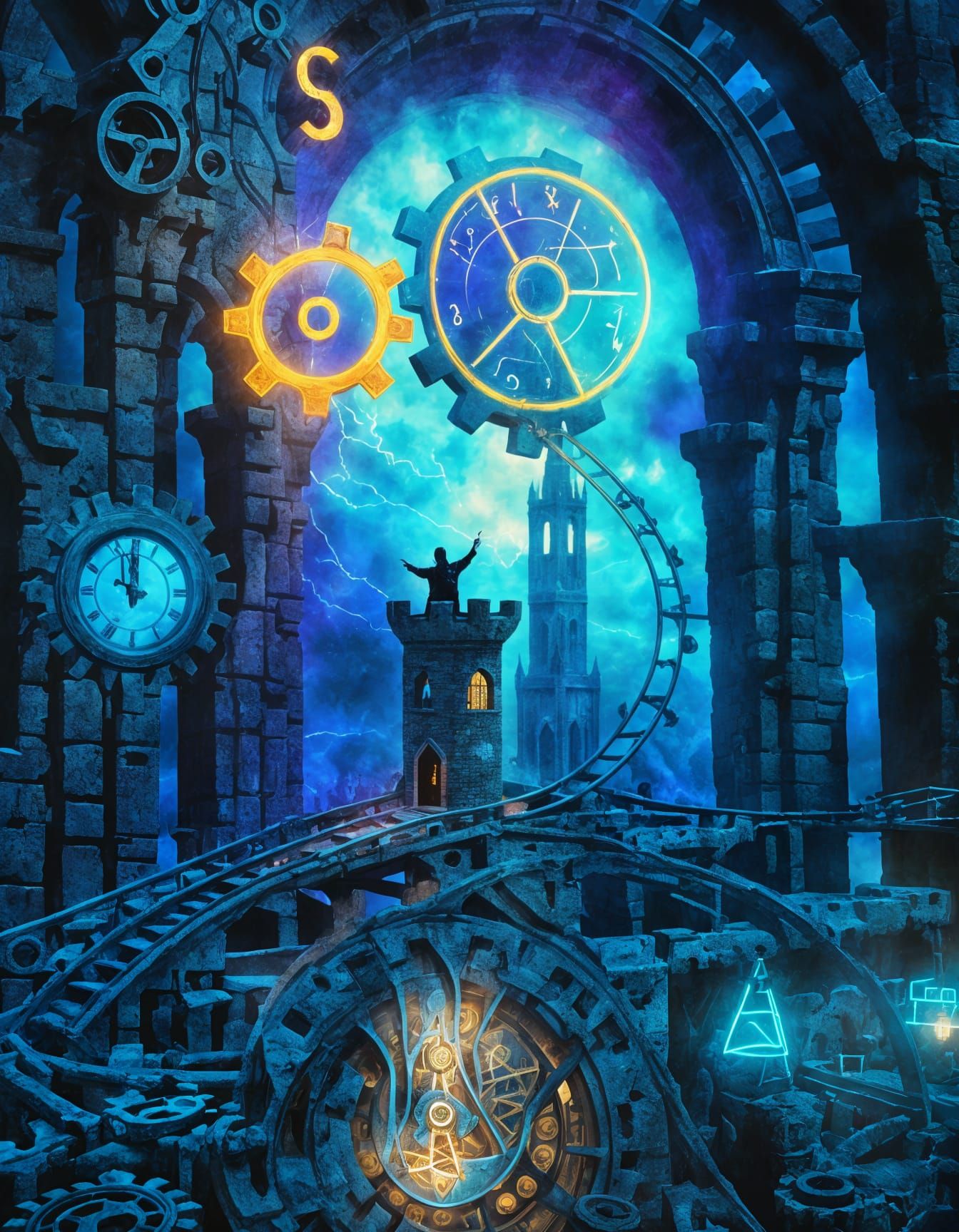 Cyberpunk Magician in Medieval Time Tower