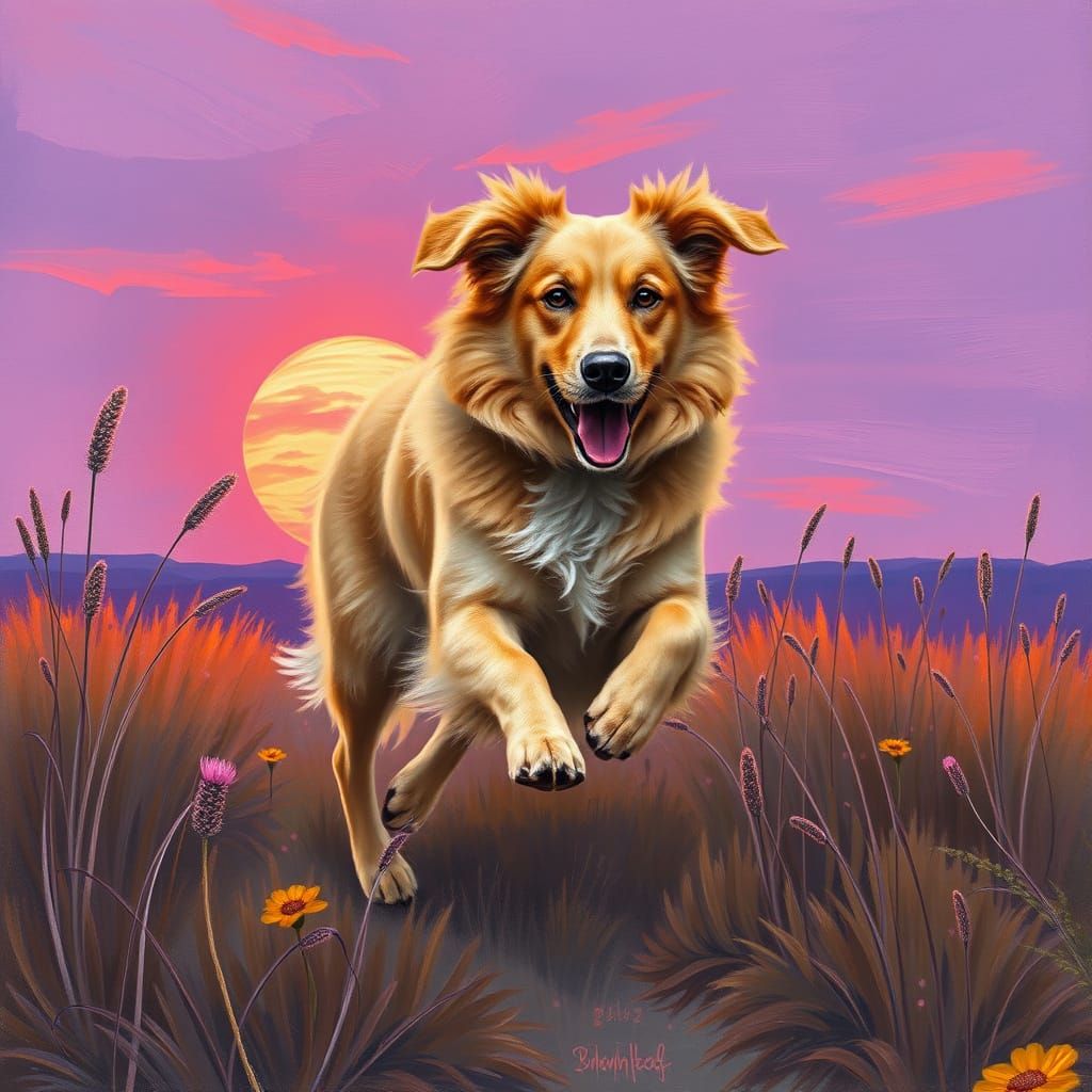 Golden Dog Runs Freely in a Whimsical Sunset Landscape