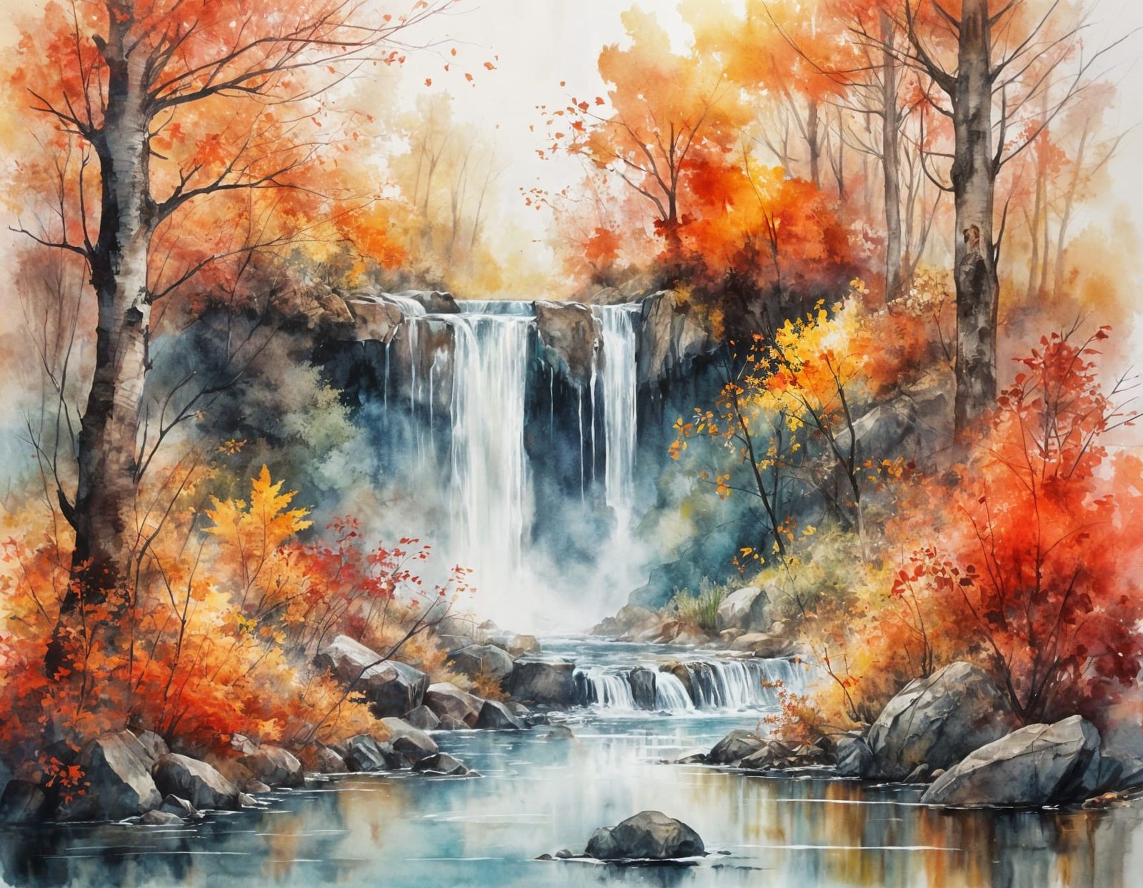 Magical Autumn Waterfall in Ethereal Watercolour Style