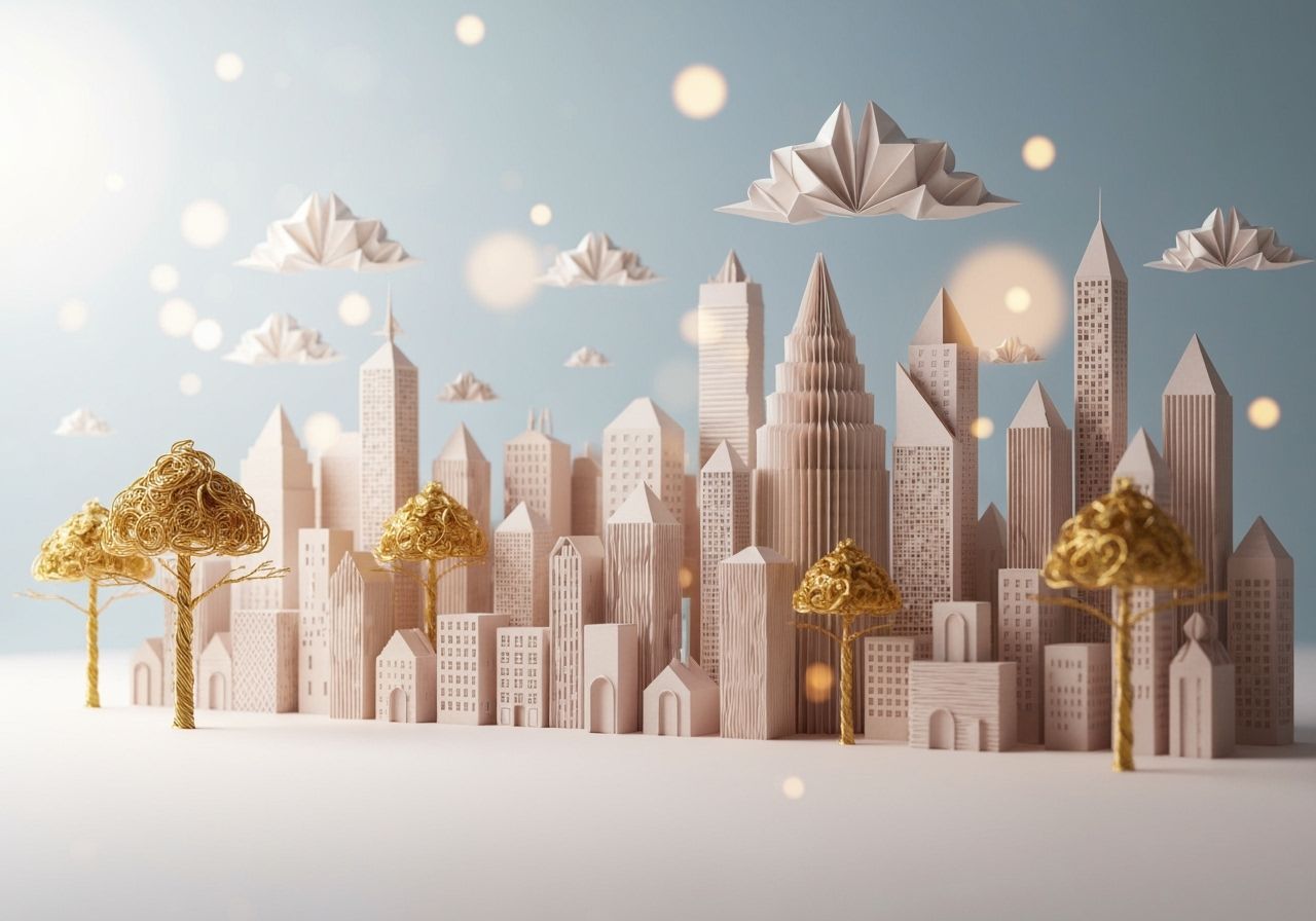 Paper Cityscape With Golden Wire Trees and Origami Clouds