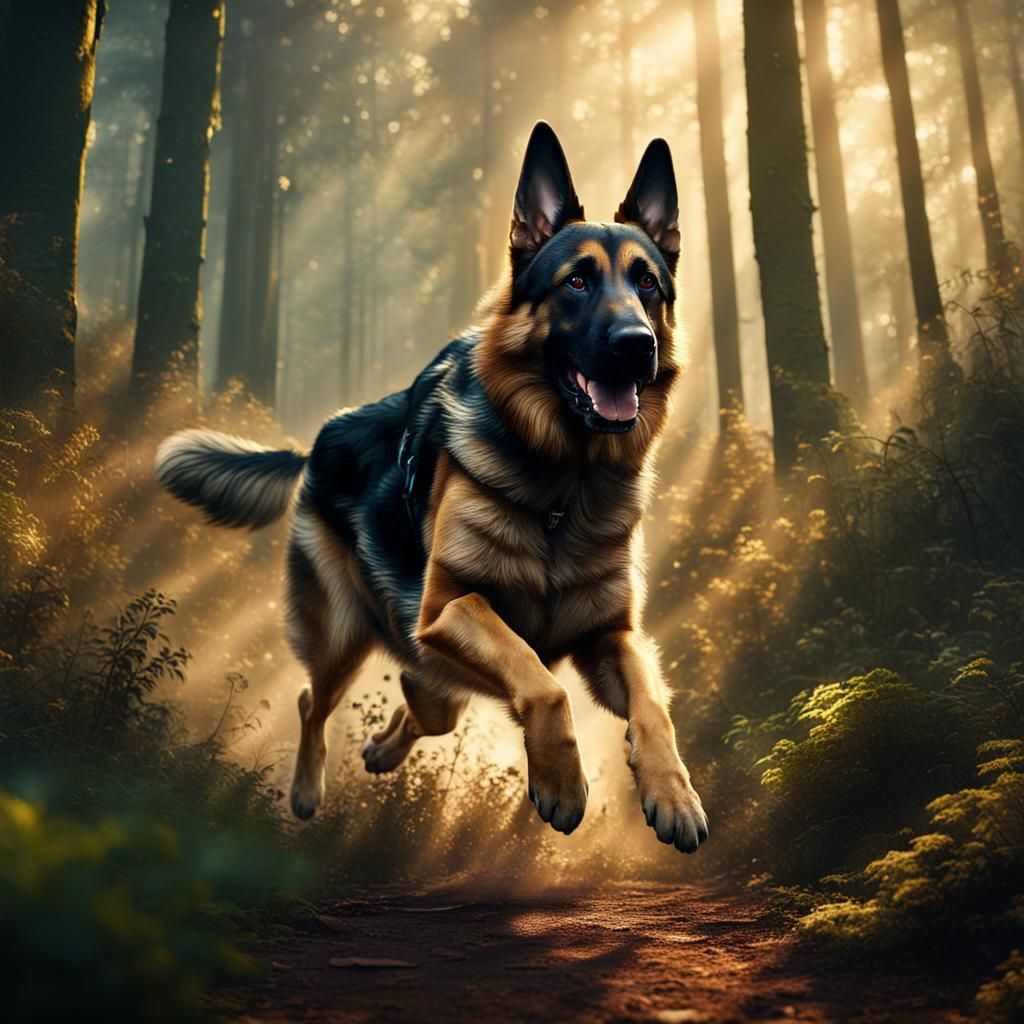 German Shepherd Running in Forest: Detailed Matte Painting
