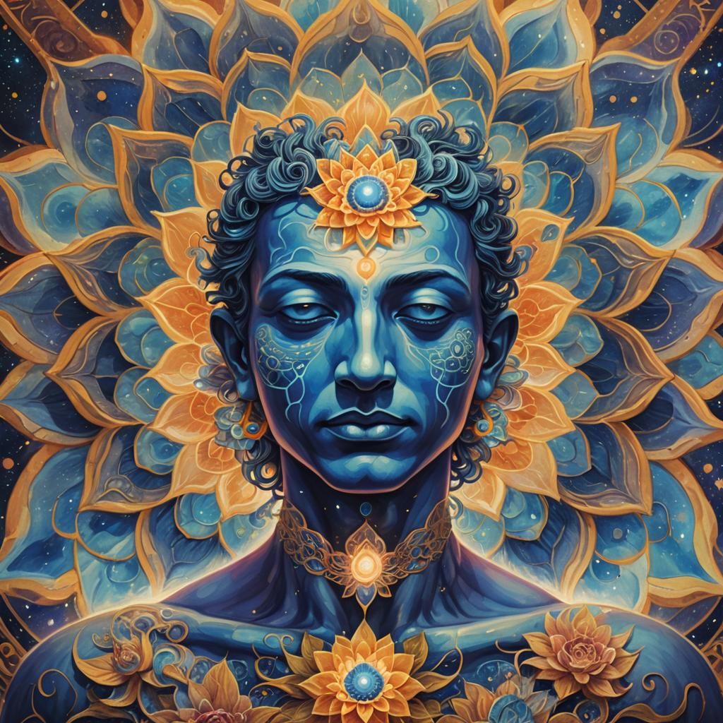 Meditating Man with Chakra Flower, Surrealist Illustration