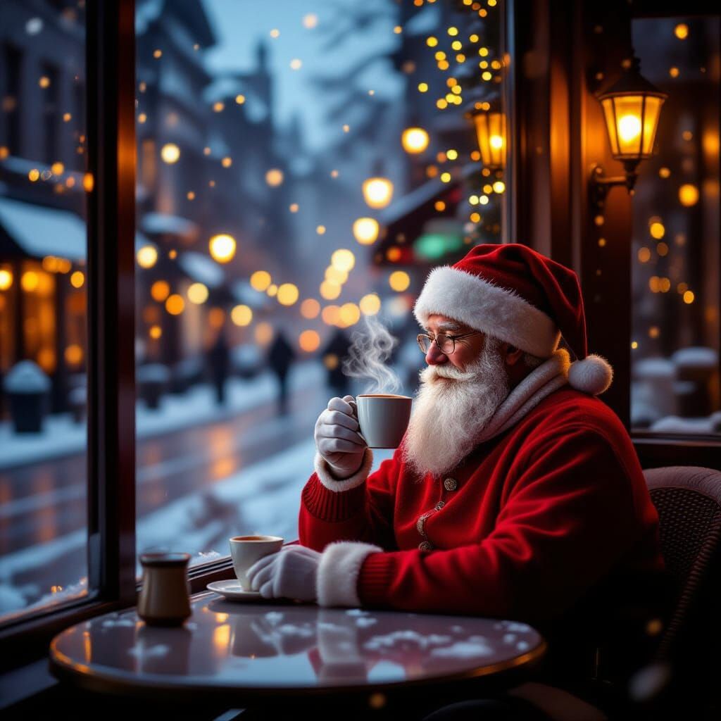 Cozy Winter Cafe Scene with Santa Off-Duty