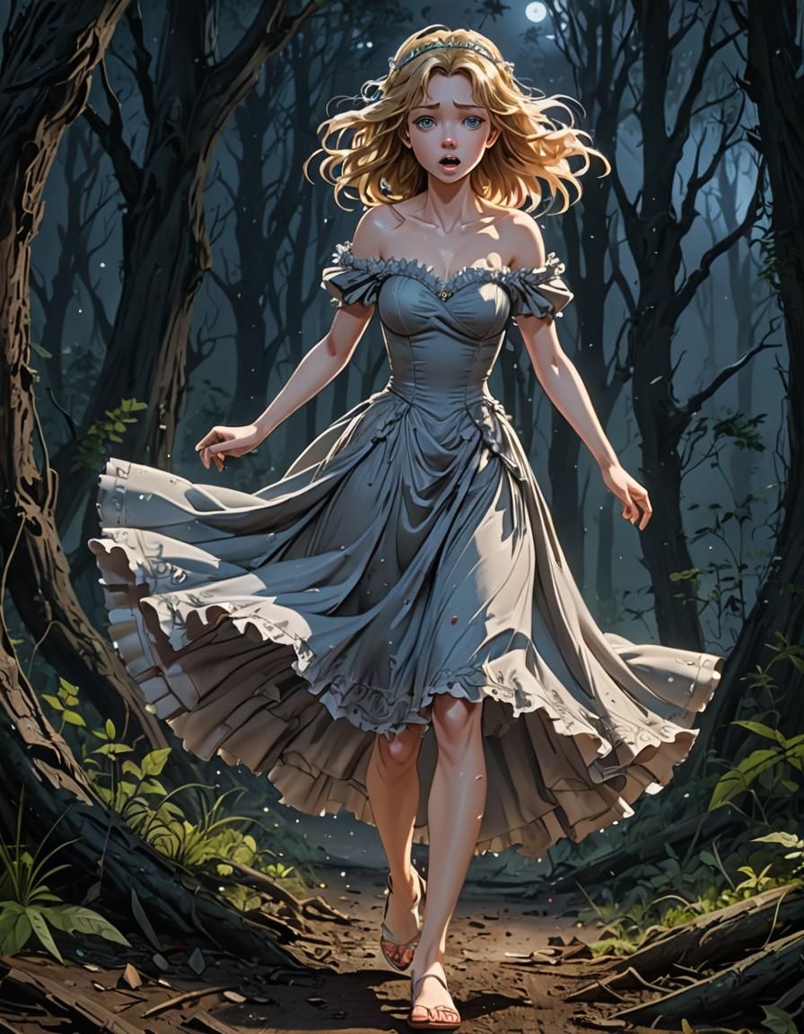 Crying Princess Running Through Forest: 3D Anime Art