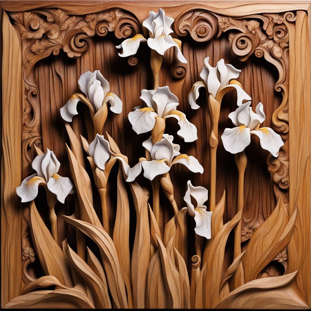 Wood-Carved Irises Sculpture