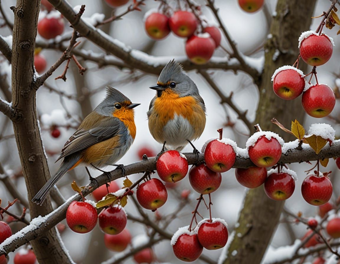 Birds Perched on Old Apple Tree Branch