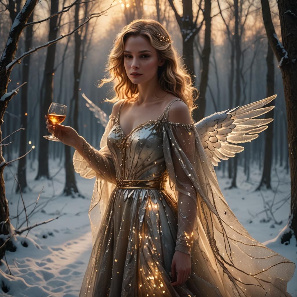 Angel in Icy Woods: A Romantic Oil Painting
