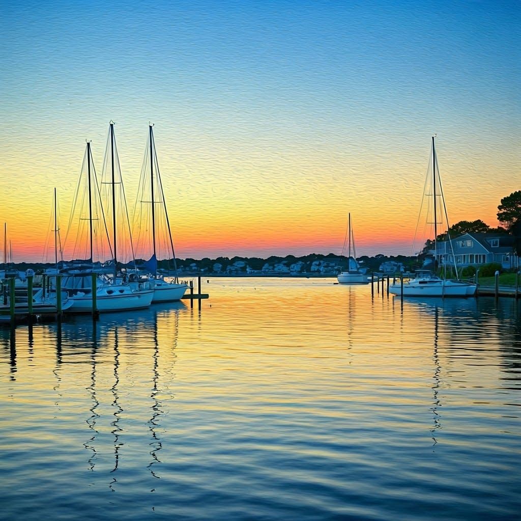 Hampton Bays Waterfront at Dusk in Impressionistic Style