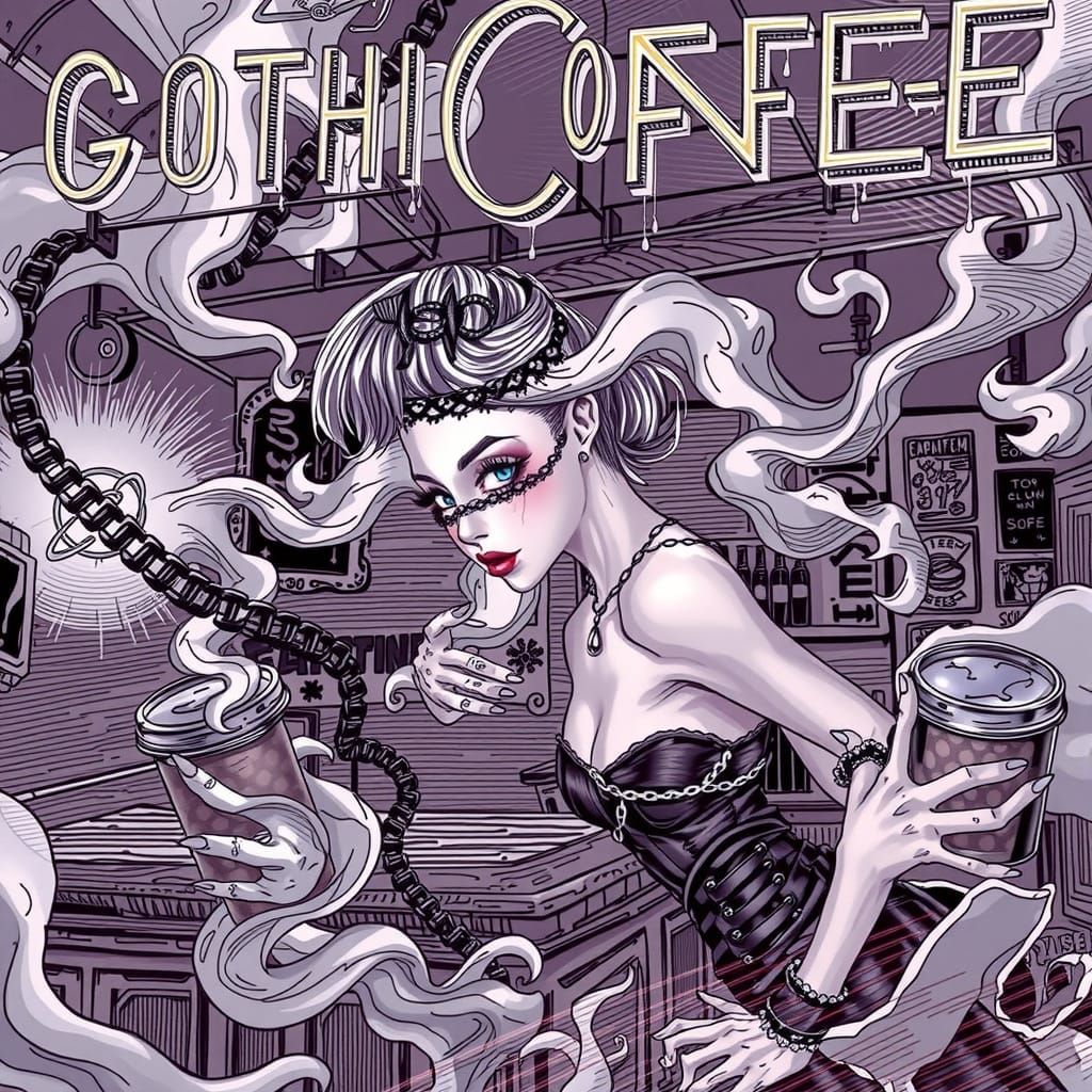 Goth Model in Yellow Neon Goth Coffee Shop