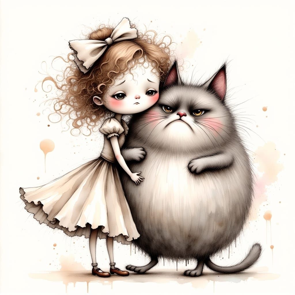 Whimsical Fat Cat Ink Drawing