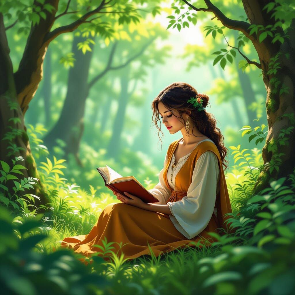 Serene Teacher in Lush Forest, Whimsical Art Style