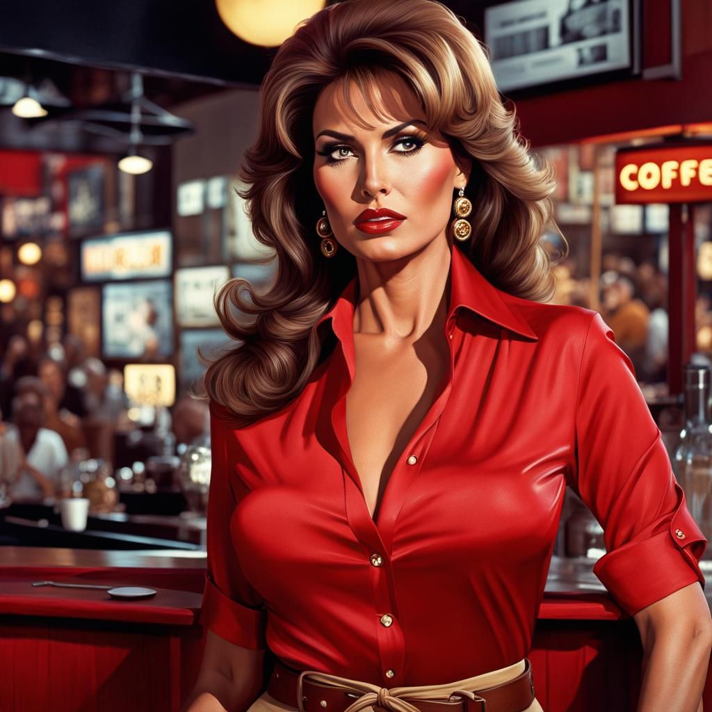 Brunette in Red Shirt at Coffee Shop: Digital Matte Painting