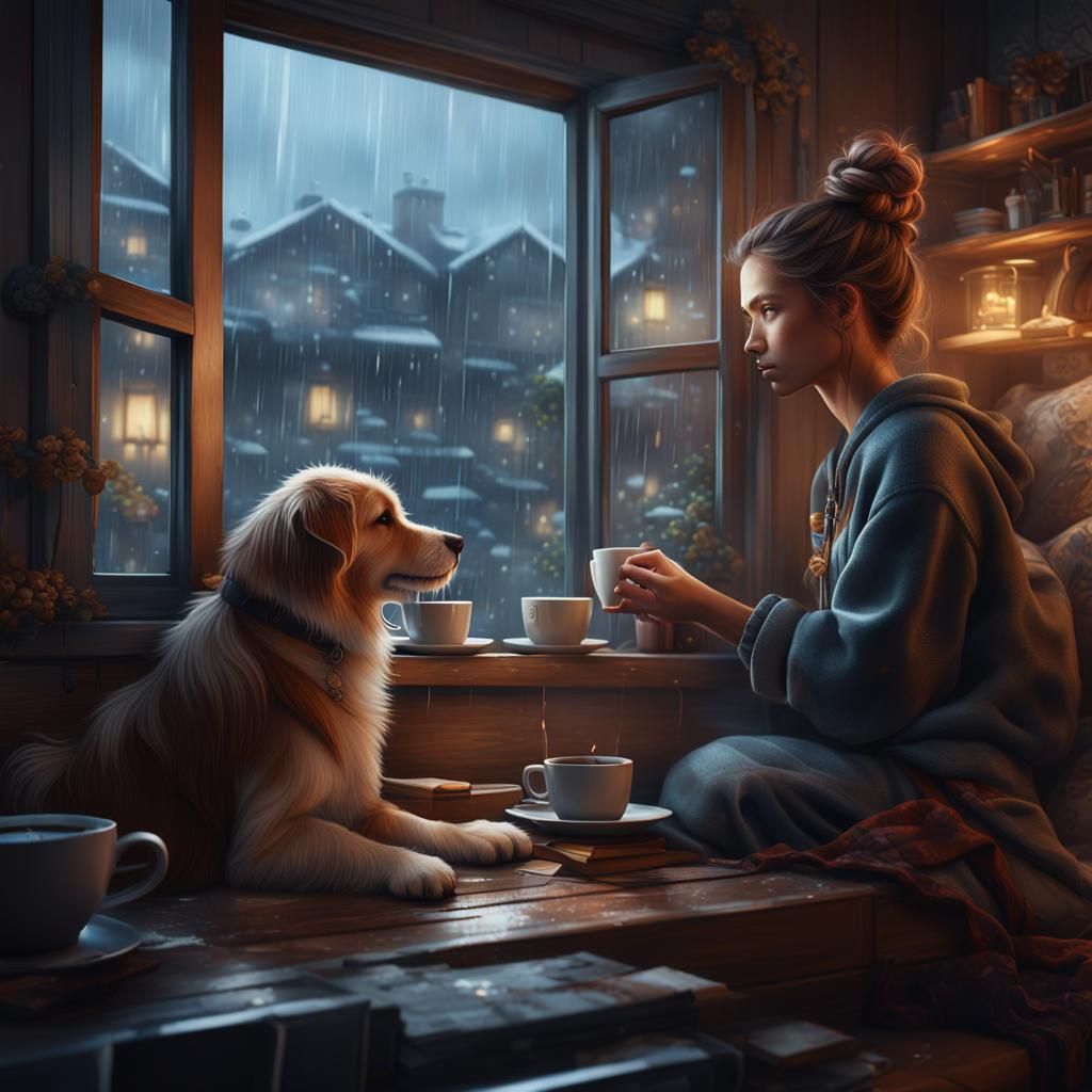 Girl and Dog Enjoying Rainy Day Coffee