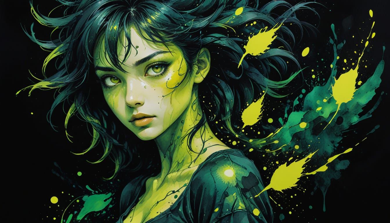 Manga-Style Portrait with Watercolor and Shadowy Background