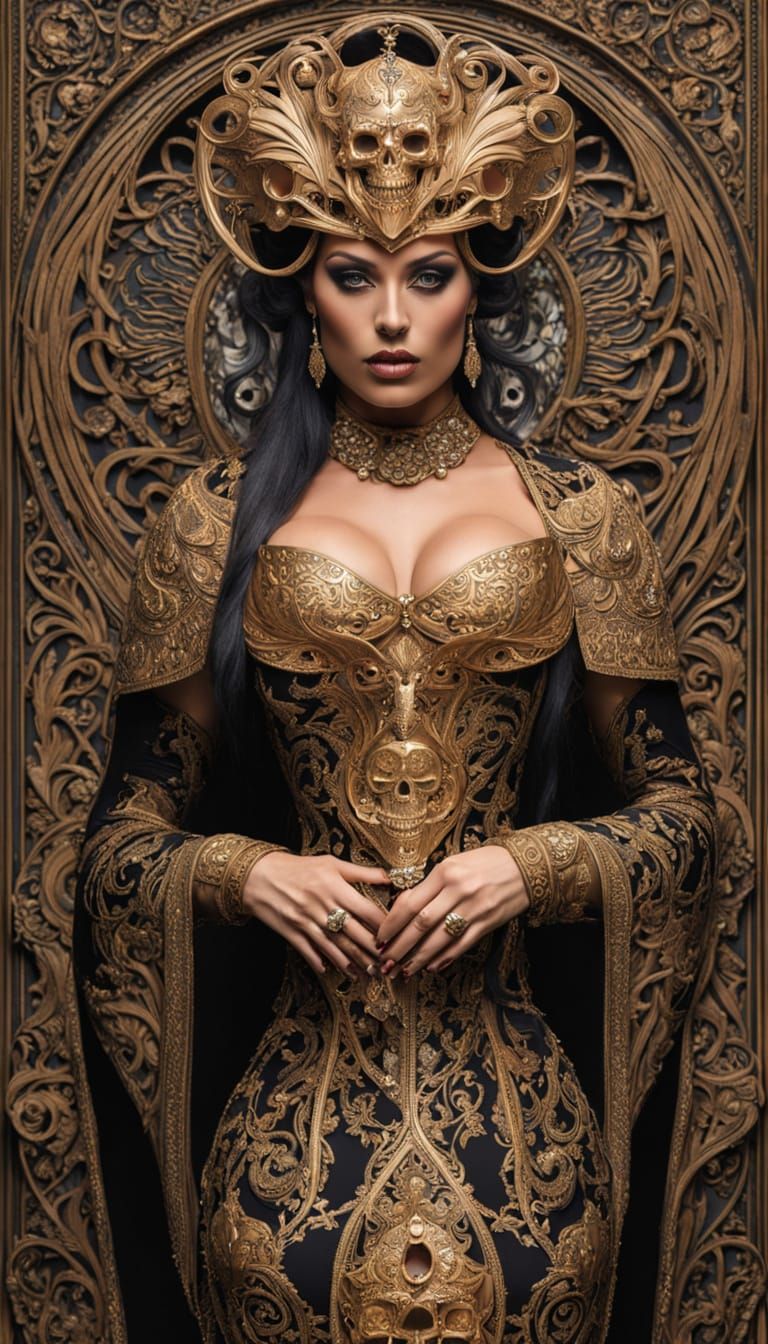 Ornate Skull Masked Woman in Sheer Dress