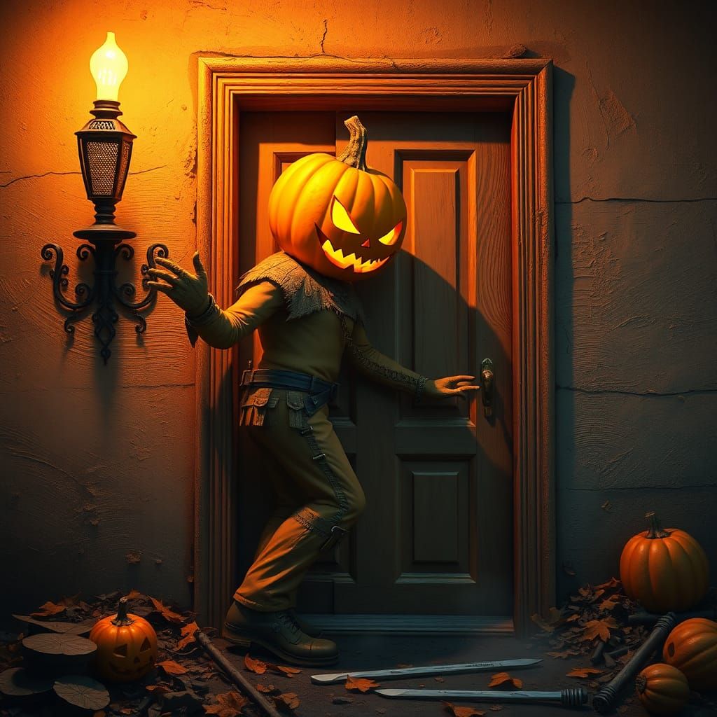 Pumpkin Man Telling Joke, Detailed Matte Painting