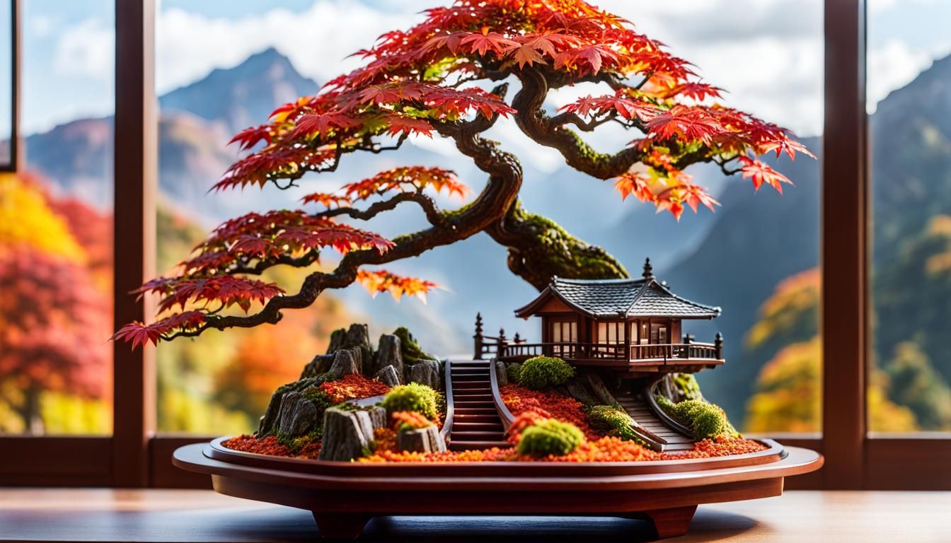 Intricate Miniature Treehouse with Autumn Bonsai, Hyperreali...