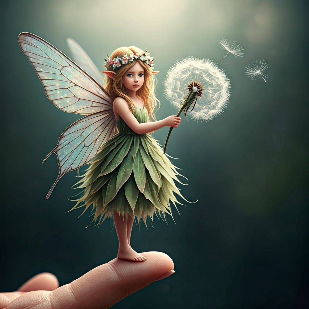 Dandelion Fairy on a Finger, Ethereal Art