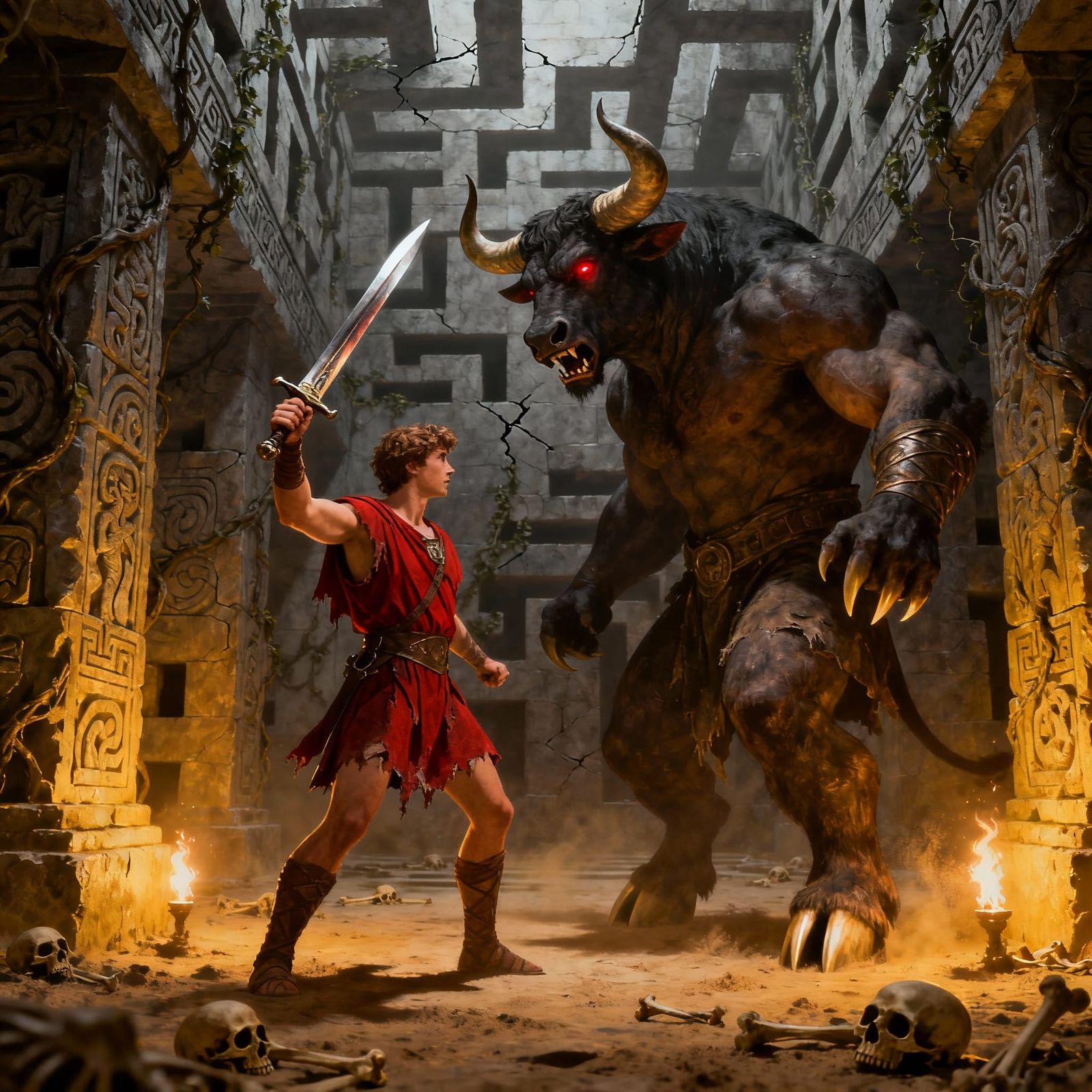 Theseus Battles Minotaur in Mythical Labyrinth