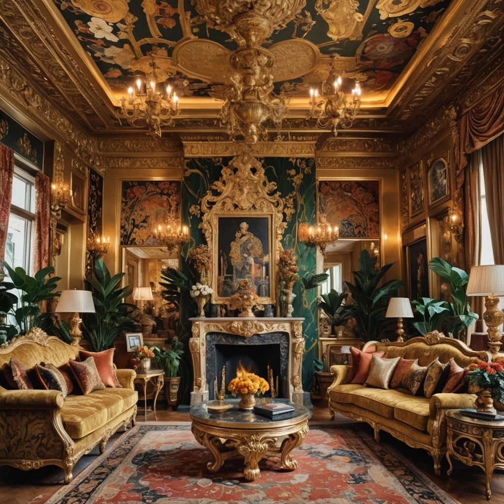 Opulent Living Room in Gustav Klimt Style