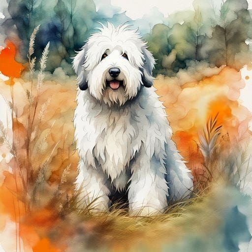 Watercolor English Sheepdog in Flowery Field
