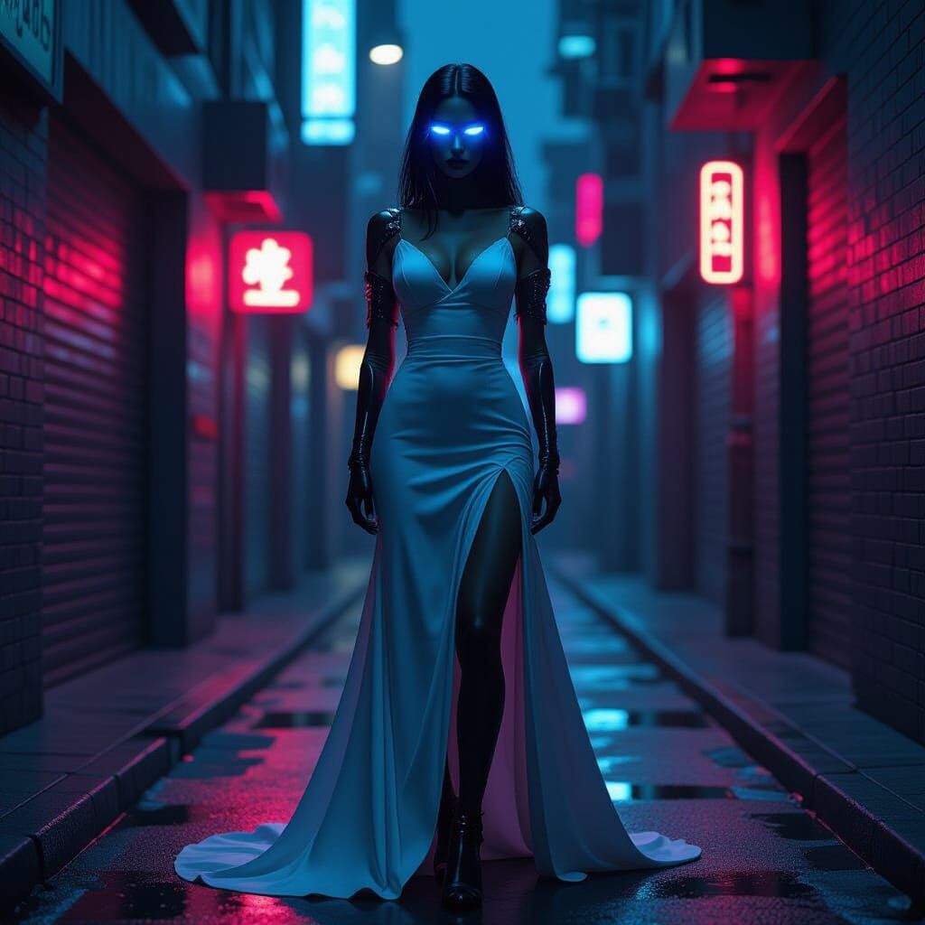Futuristic Android Woman in Neon Alleyway