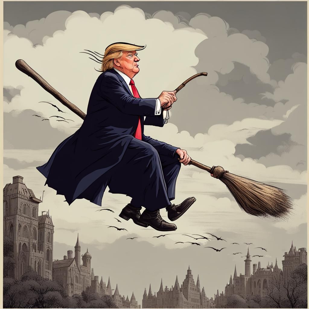 Donald Trump Riding on a Broom Stick.