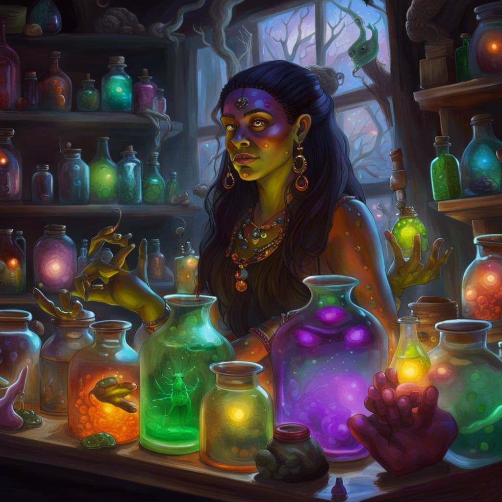 Hyperrealistic Witch Doctor with Potions and Jars
