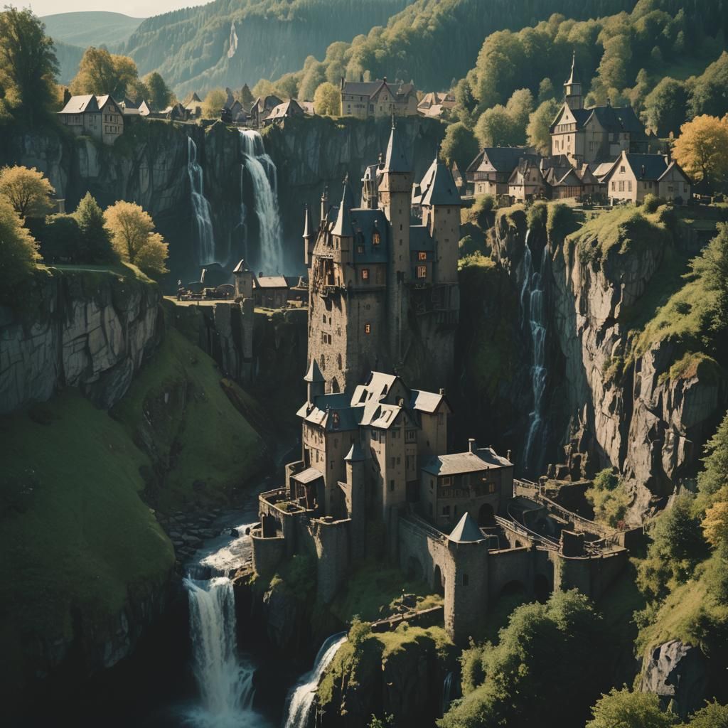 Clockwork Castle and Village with Waterfall, Cinematic Still