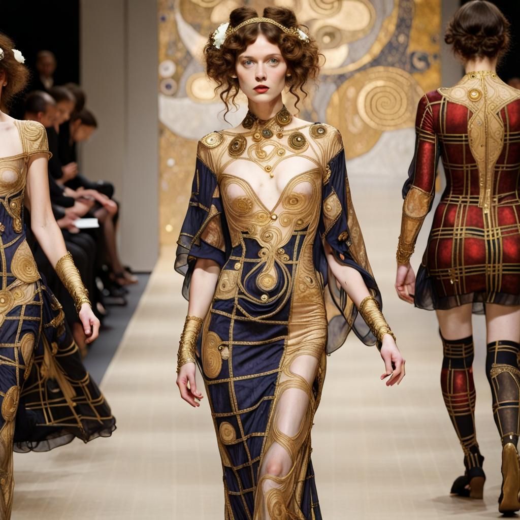 Art by Gustav Klimt, Art Nouveau interpretation of plaid, intricate, flowing patterns adorning the gowns of ethereal fig...