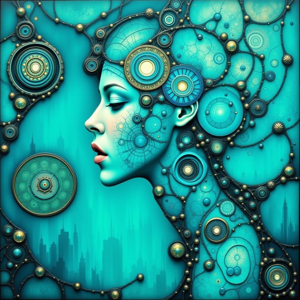 Turquoise Female Abstraction in Cyberpunk Aesthetic